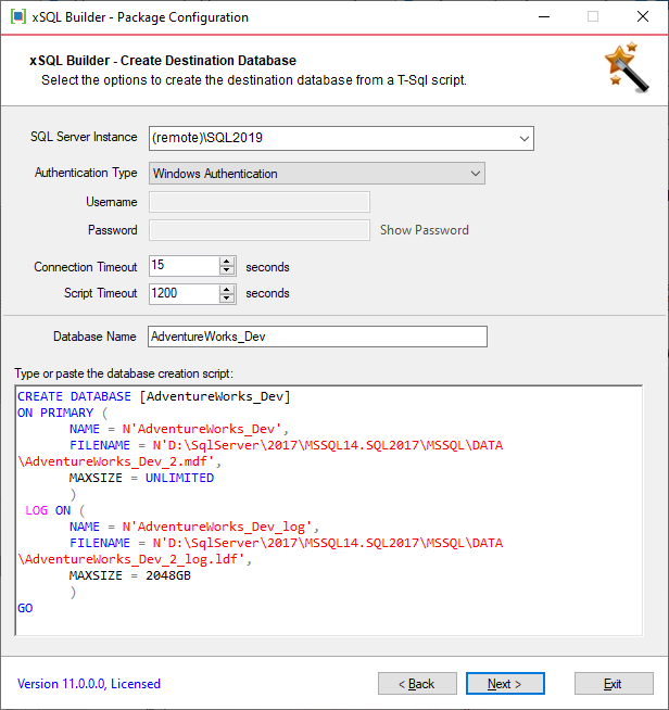 Creating target database from a T-SQL script